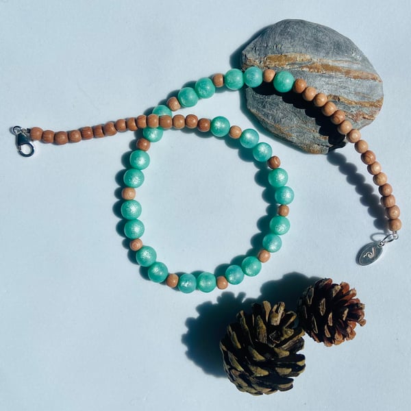 Pale Green Polaris & Rosewood Bead Necklace with Sterling Silver Detail