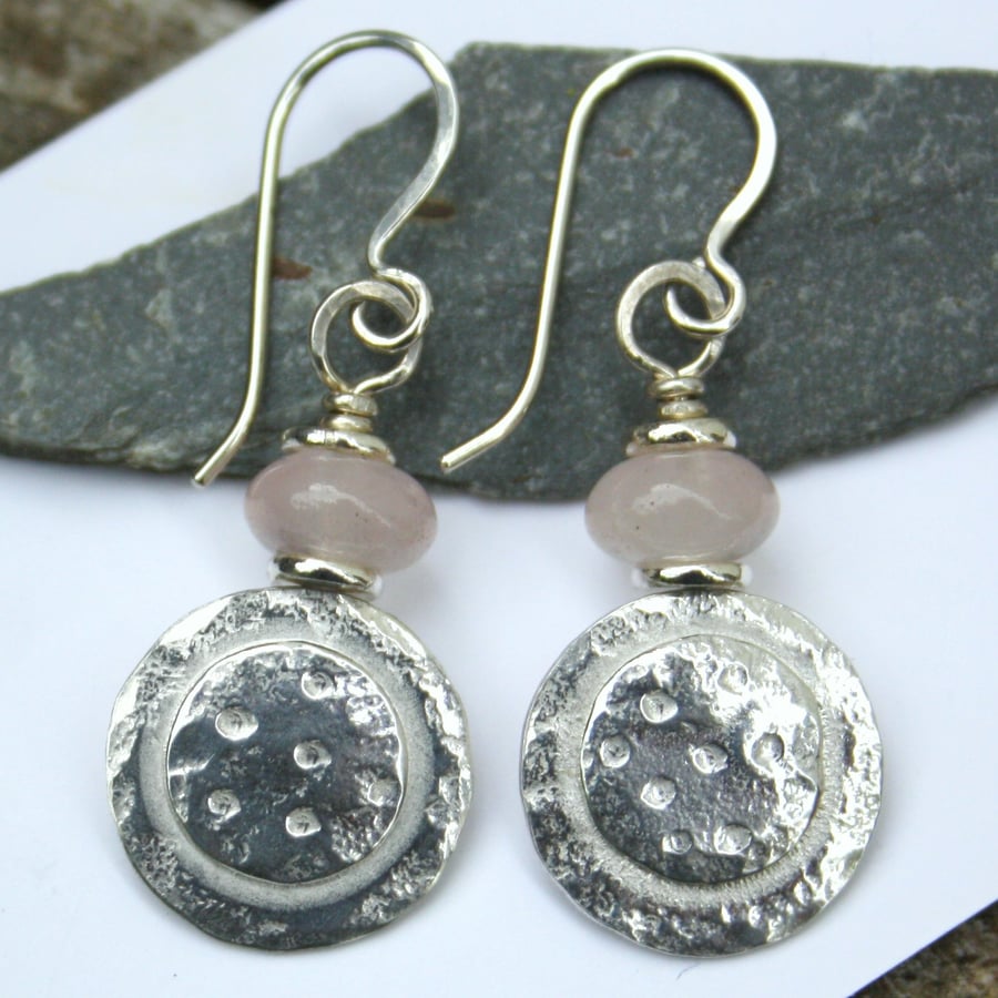 Silver and rose quartz  Dotty earrings