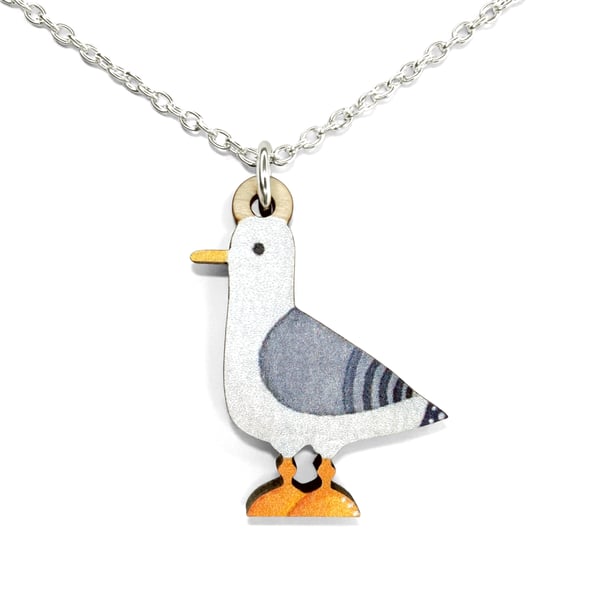 Seagull Necklace. Wooden Pendant. Sterling Silver Seaside Jewellery.