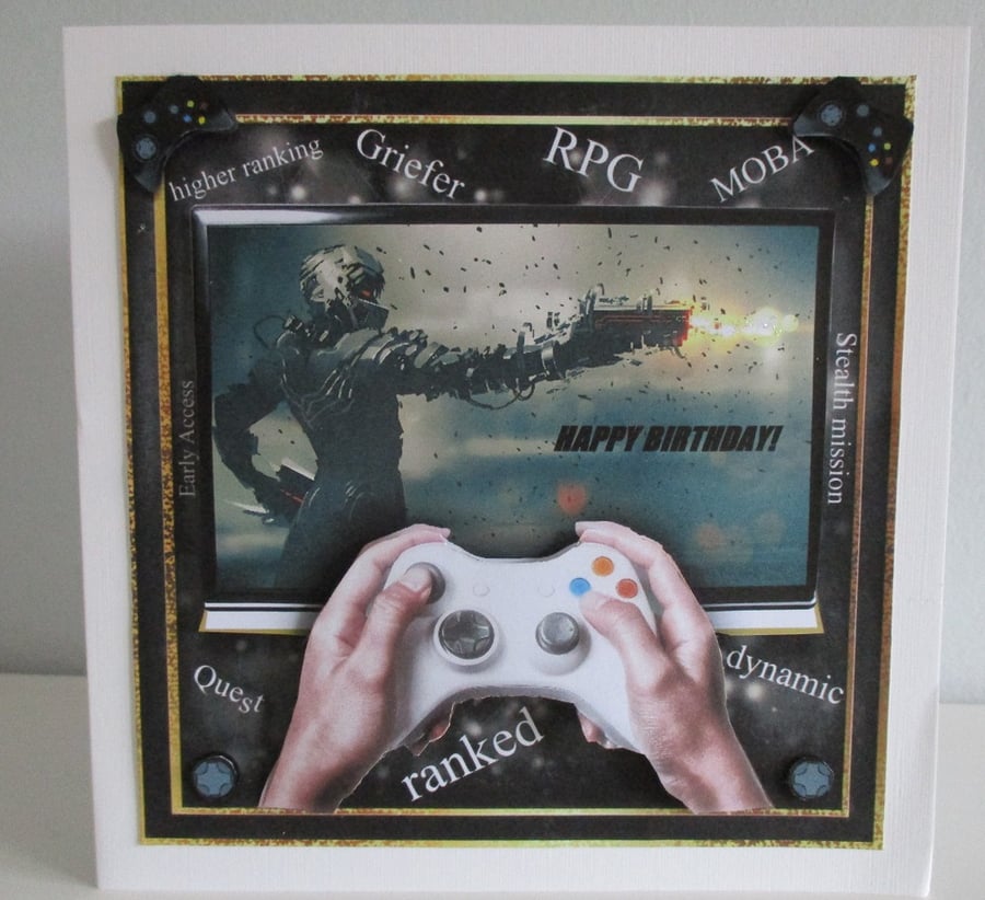 Handmade 3D, Decoupage Boy Computer Games Large Birthday Card, Personalise , 