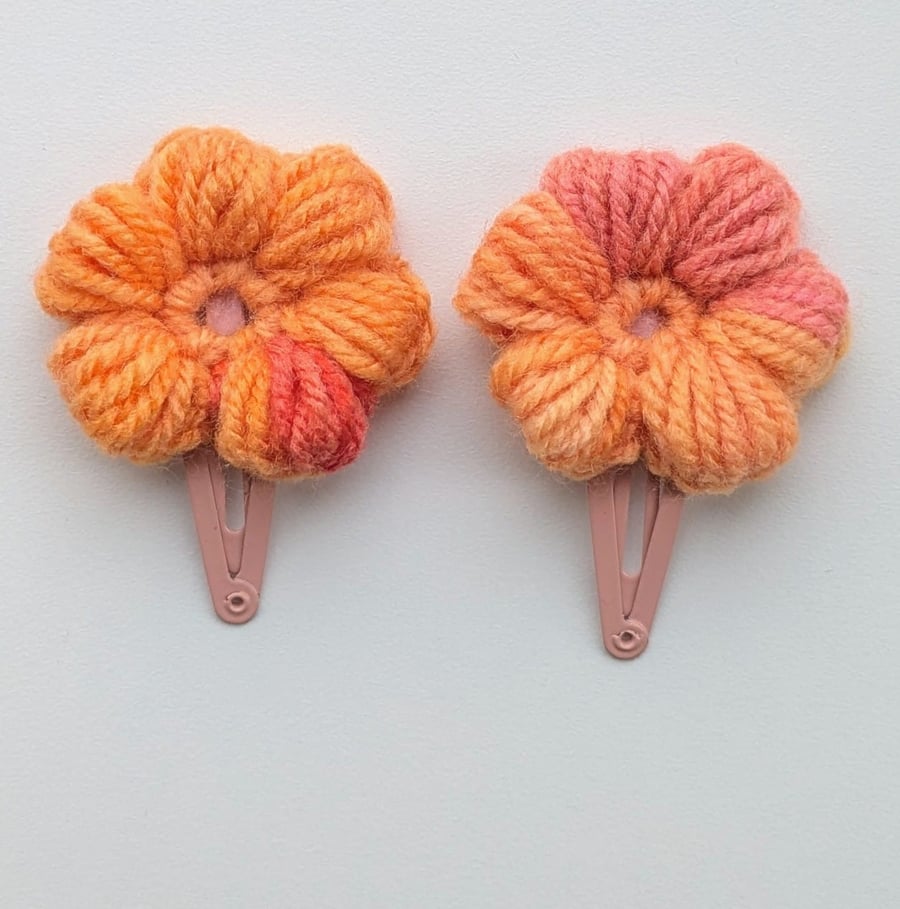 Pair of Orange Dusky Pink Crochet Flower Hair Clips 