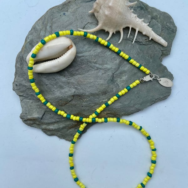 Pastel Yellow & Teal Seed-Bead Czech Glass Necklace with Sterling Silver Detail