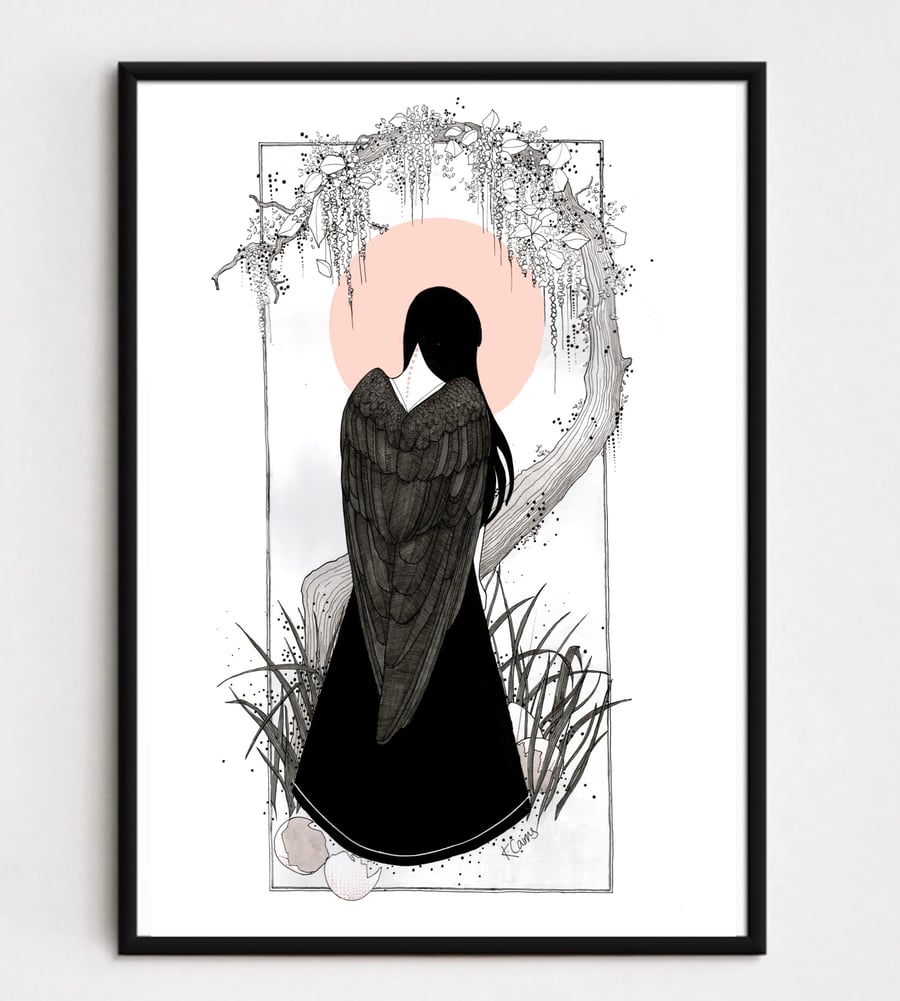 Moon art, angel illustration A3 art print