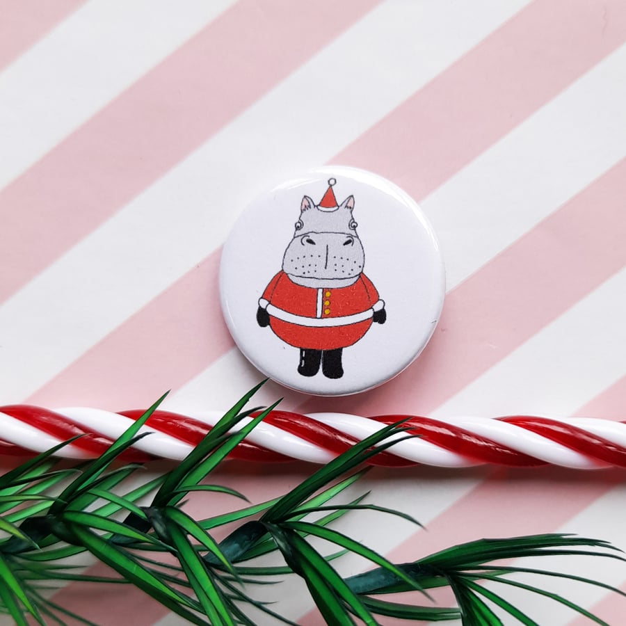 hippo santa christmas pin badge, handmade christmas gift, cute christmas