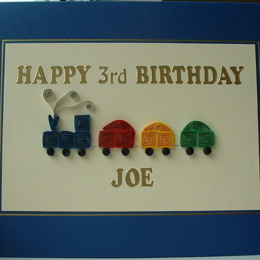 Handmade personalised quilled birthday card with quilling train