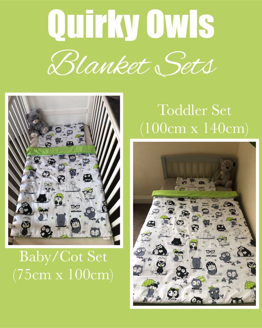 Quirky Cute Owls with Bright Green Baby & Toddler Blanket Sets