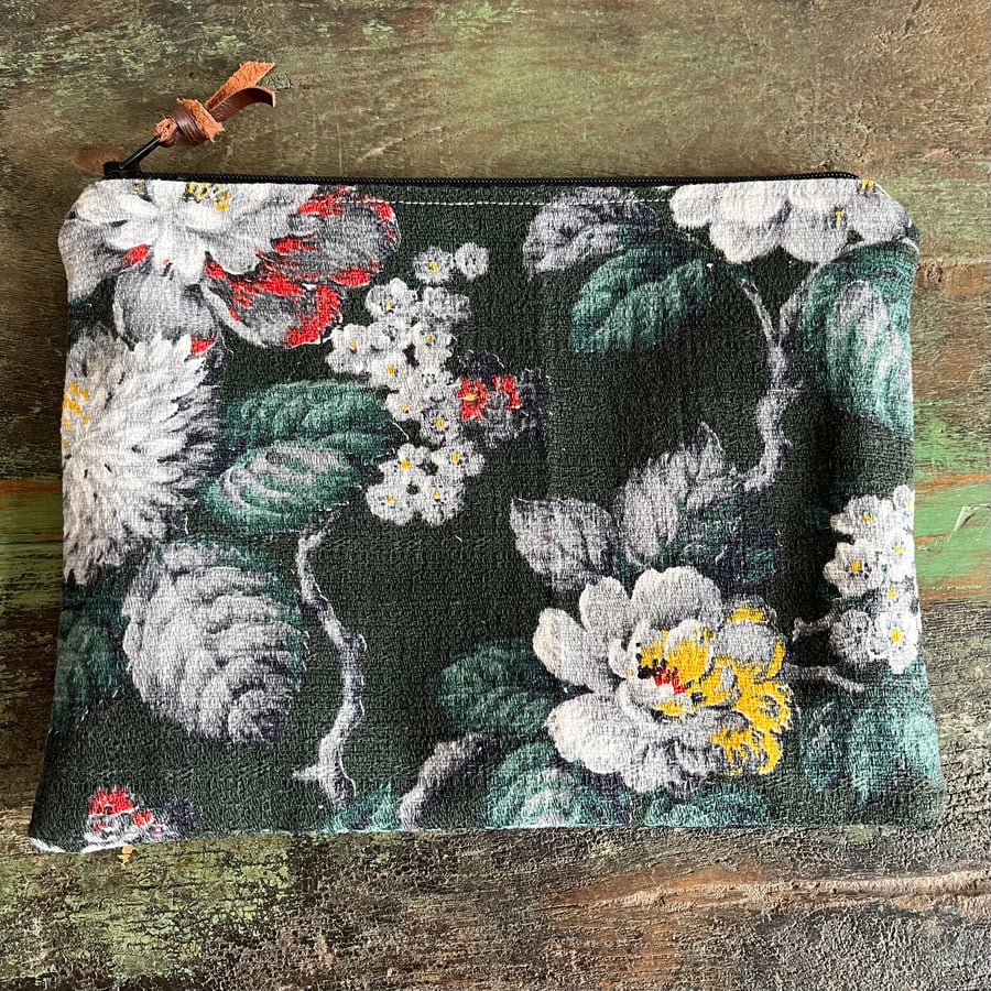 Vintage cotton barkcloth dark green floral and denim zip pouch