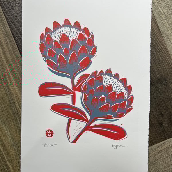 Proteas Handmade Original Lino Print