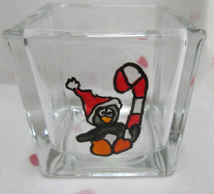 Square glass candle holder - hand painted penguin holding candy cane