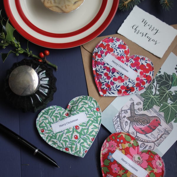 Merry Christmas heart sachet filled with festive spices in a choice of fabrics