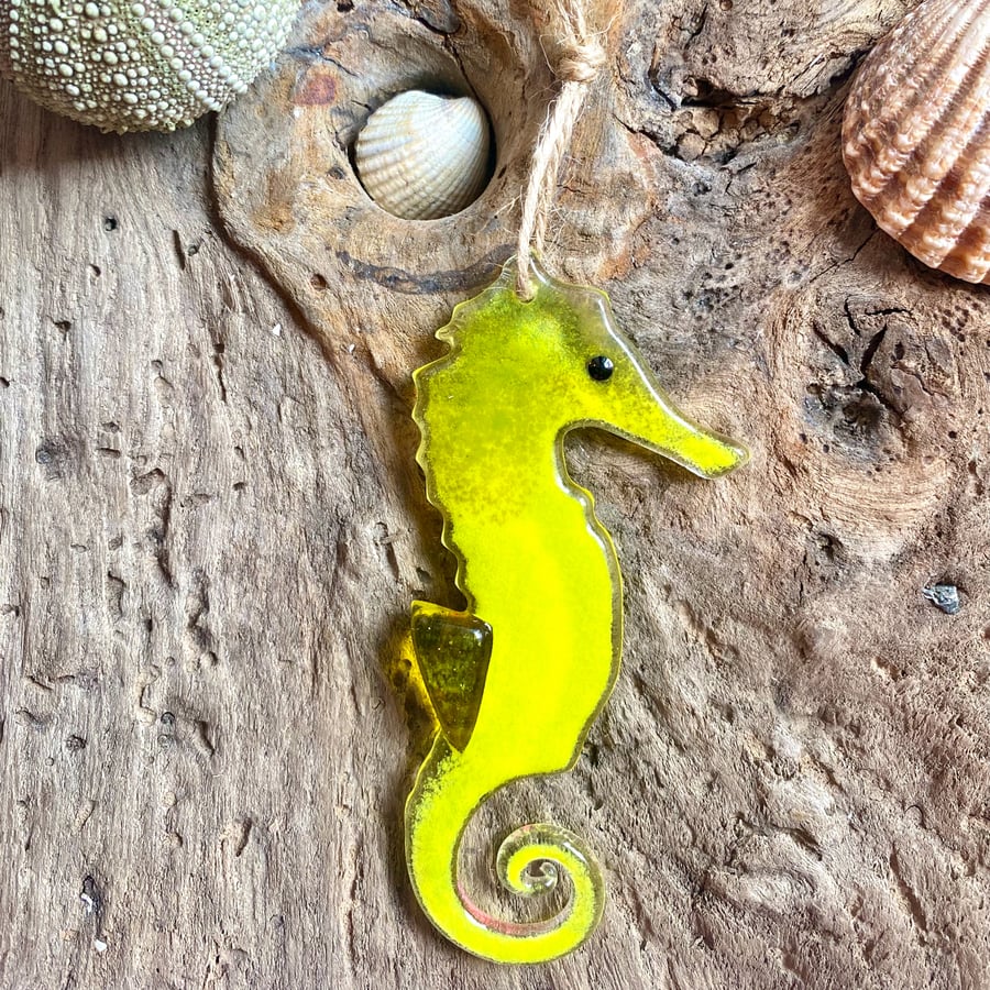 Yellow  Hanging seahorse ornament fused glass sun catcher hanging driftwood 