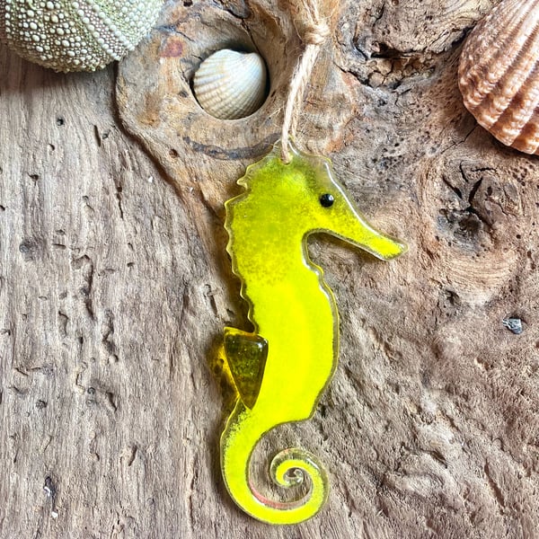 Yellow  Hanging seahorse fused glass sun catcher on driftwood and jute 