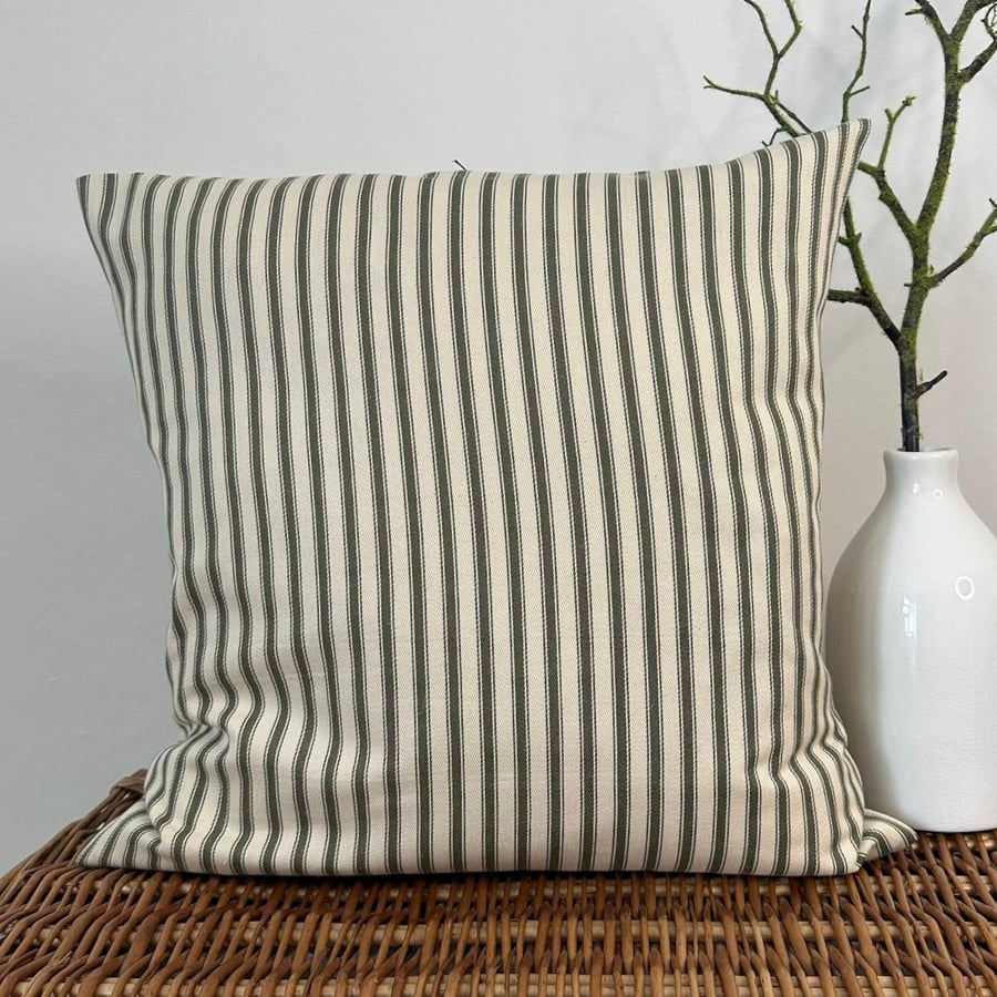 Olive green and cream ticking striped, cushion cover, 18” x 18”