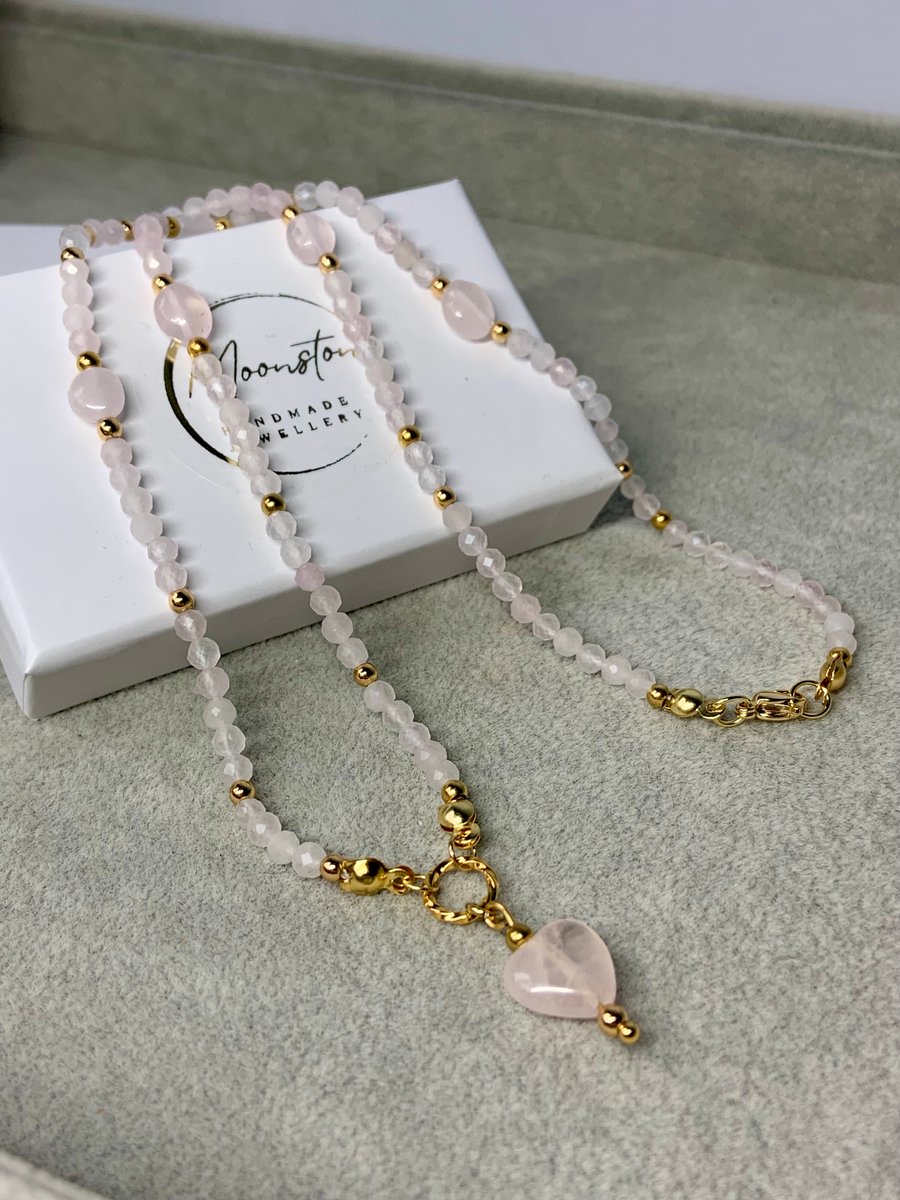 Rose Quartz handmade necklace, Gemstone beaded necklace, Rose Quartz Heart 
