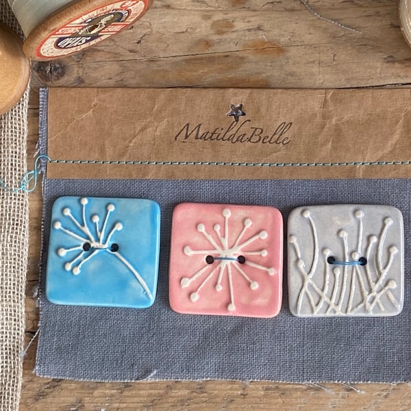 Buttons 35mm handmade large square Botanical buttonPottery Set of 3