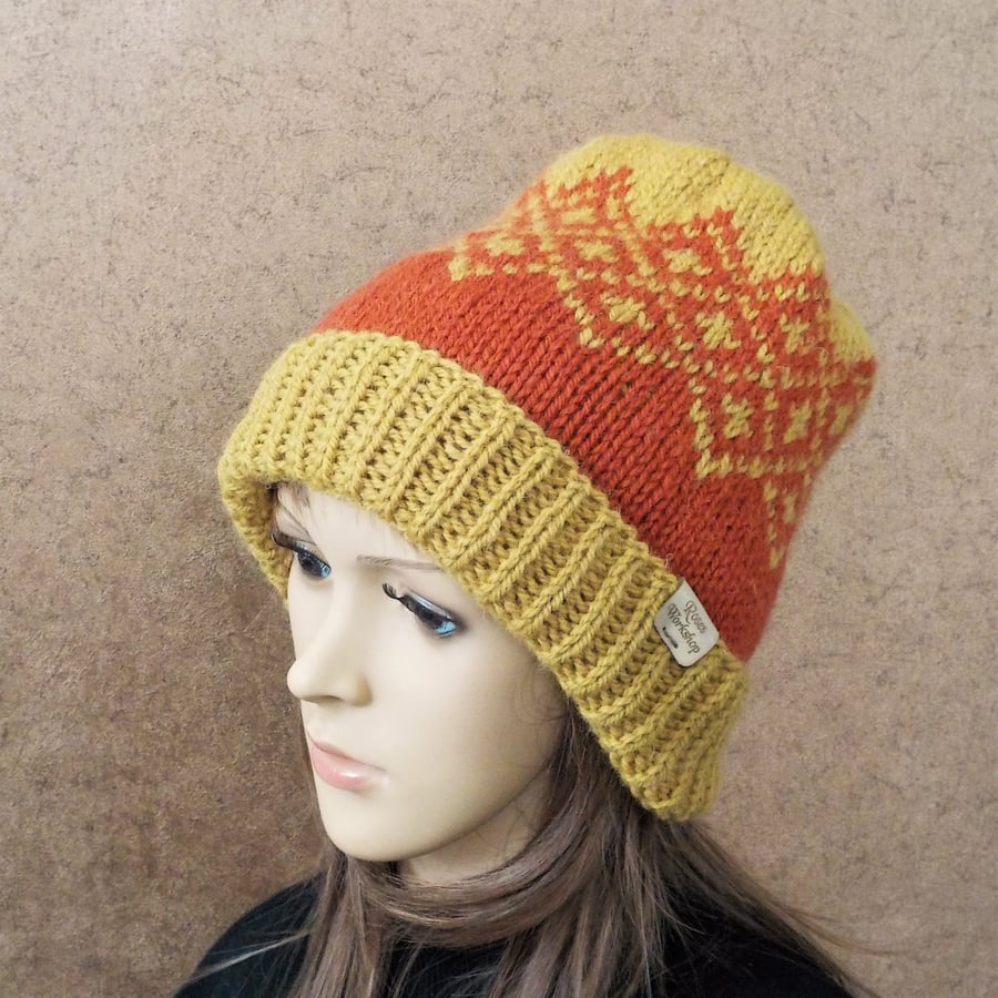 Knitted hat wool beanie Fairisle diamonds yellow on orange sustainable gift