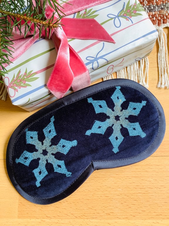 Lavender Velvet Sleep Mask, Hand Printed Sleep Mask, Navy Snowflake Eye Mask