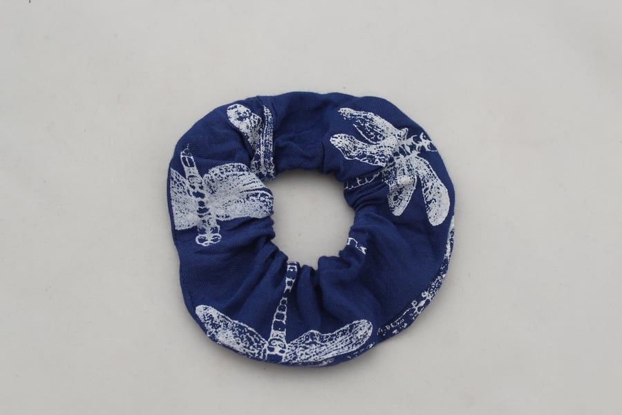 Elasticated blue hair scrunchie,dragonfly print handmade,zero waste, great gift