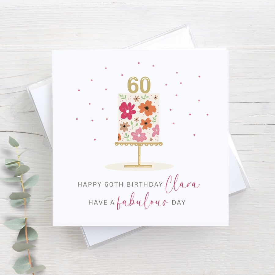 Personalised 60th birthday card - hand drawn floral cake illustration