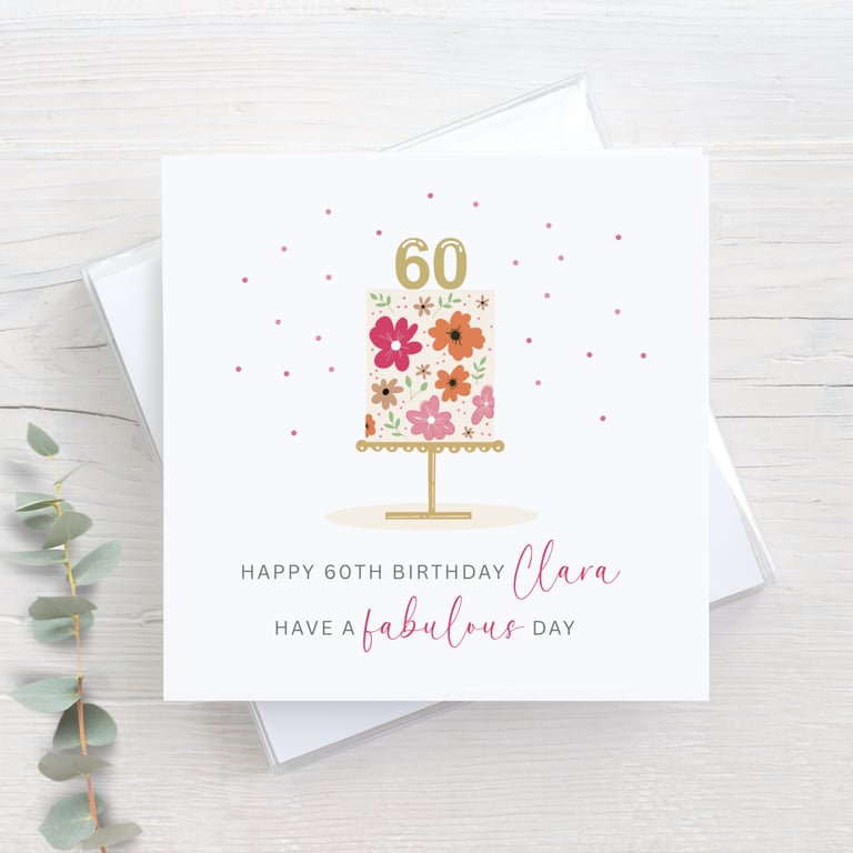 Personalised 60th birthday card - hand drawn floral cake illustration