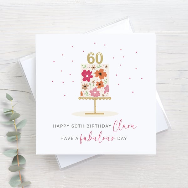 Personalised 60th birthday card - hand drawn floral cake illustration