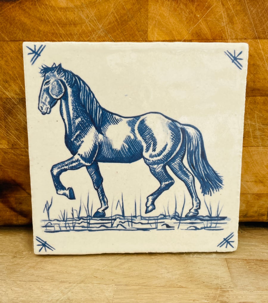 Handmade stoneware tiles with Horse image