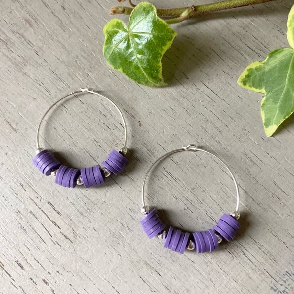 Purple Heishi Bead Hoop Earrings, sterling silver