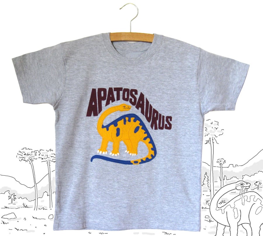 'Apatosaurus Dinosaur'. Handstitched applique child's t-shirt. Age 7-8 years