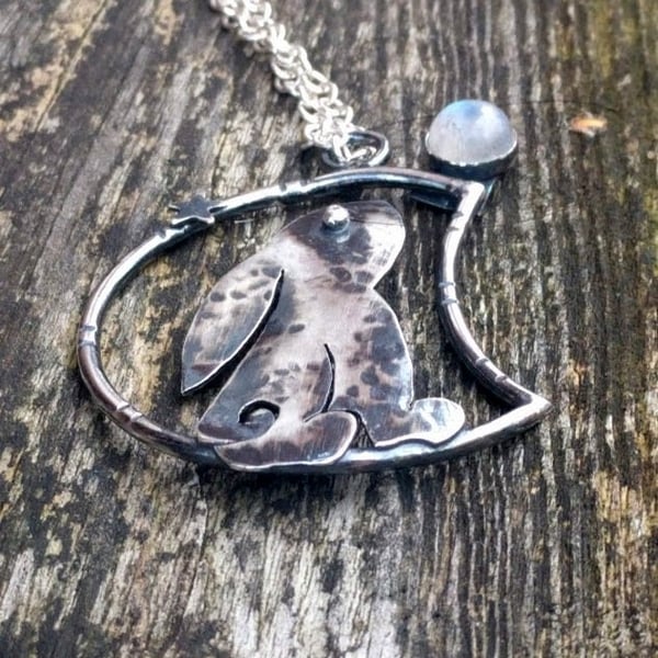 Sterling Silver Moongazing Hare Pendant with Moonstone