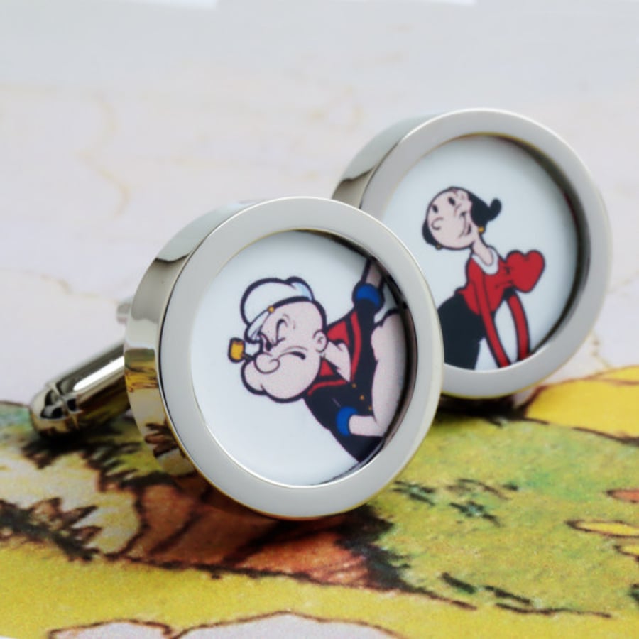 Popeye and Olive Oil Cuff Links Cartoon Cufflinks