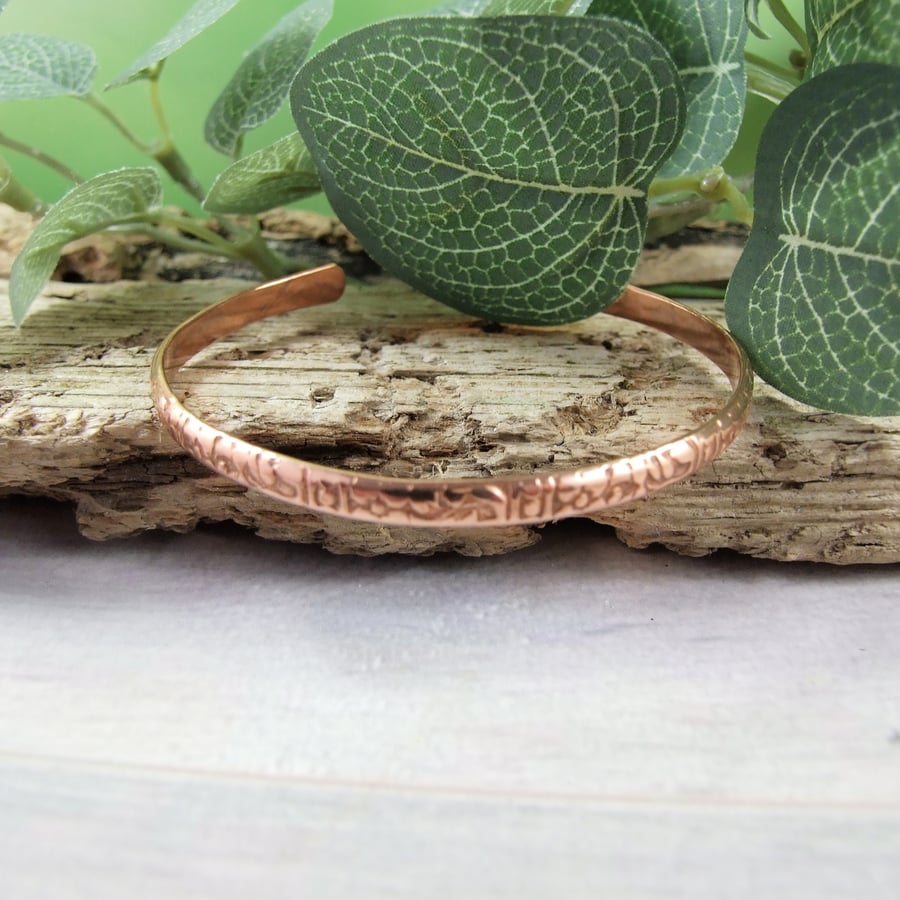 Copper Cuff. Forged Rustic Pattern Antiqued Finish, Size Medium