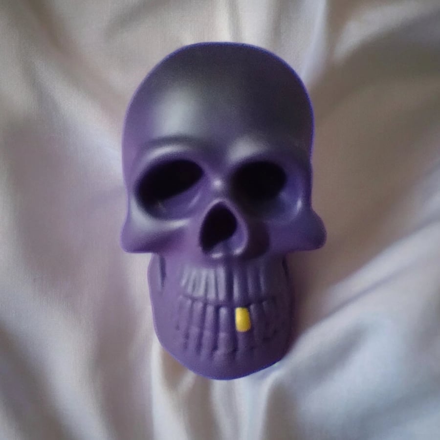 Spray Painted Jesmonite Skull Ornament - Black & Violet Colour Scheme.