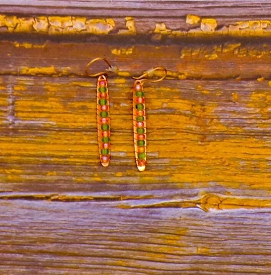 Handcrafted Long Copper And Glass Bead Dangle Earrings- Handmade 20 Gauge Copper