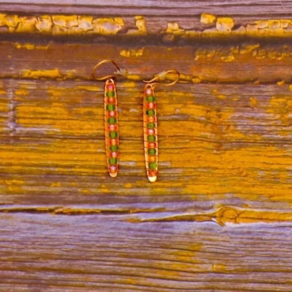 Handcrafted Long Copper And Glass Bead Dangle Earrings- Handmade 20 Gauge Copper