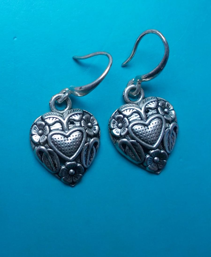 Embossed Tibetan Silver Heart on Small Sterling Silver French Hooks