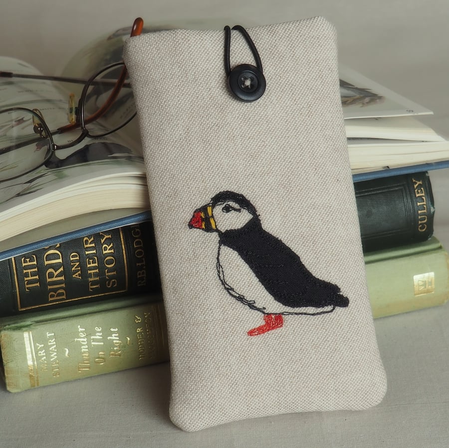 Glasses Spectacles Case Handmade Puffin Design Freehand Machine Embroidered