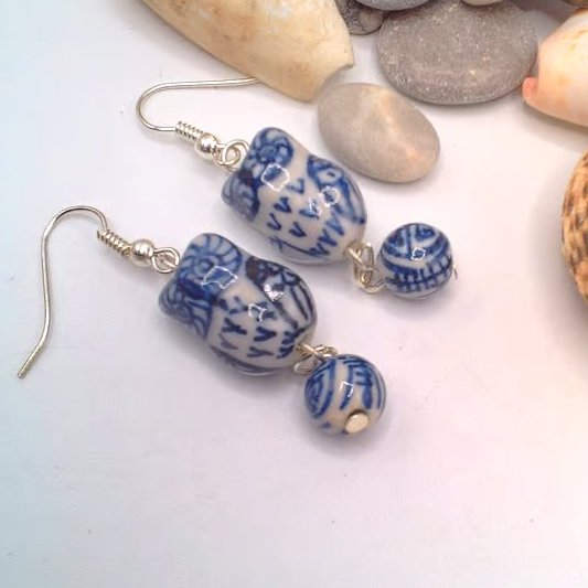 White and Blue Ceramic Owl Bead Earrings, Gift for Her, Owl Earrings, Earrings
