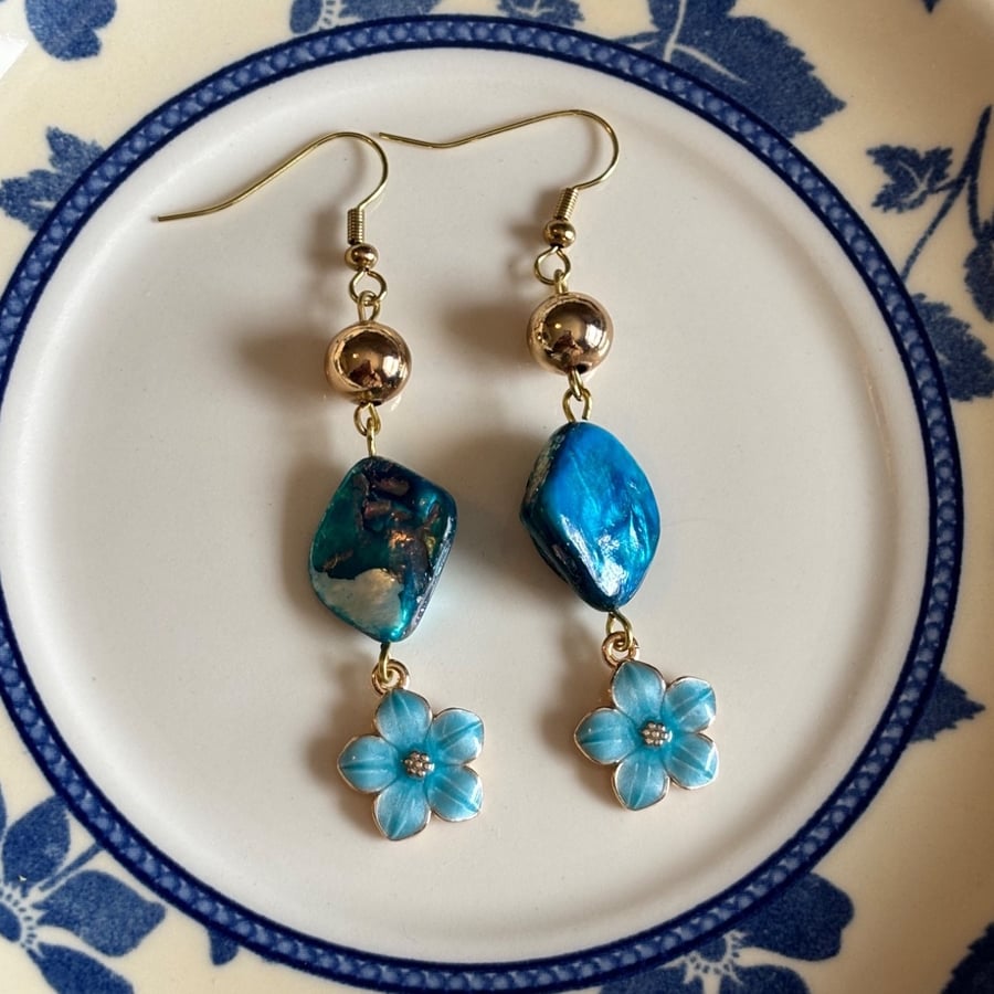 Teal flower and shell charm earrings