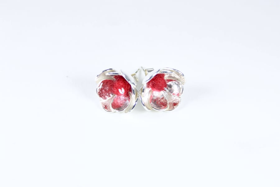 Spring Summer Silver Flower Earrings with Red Felt Beads