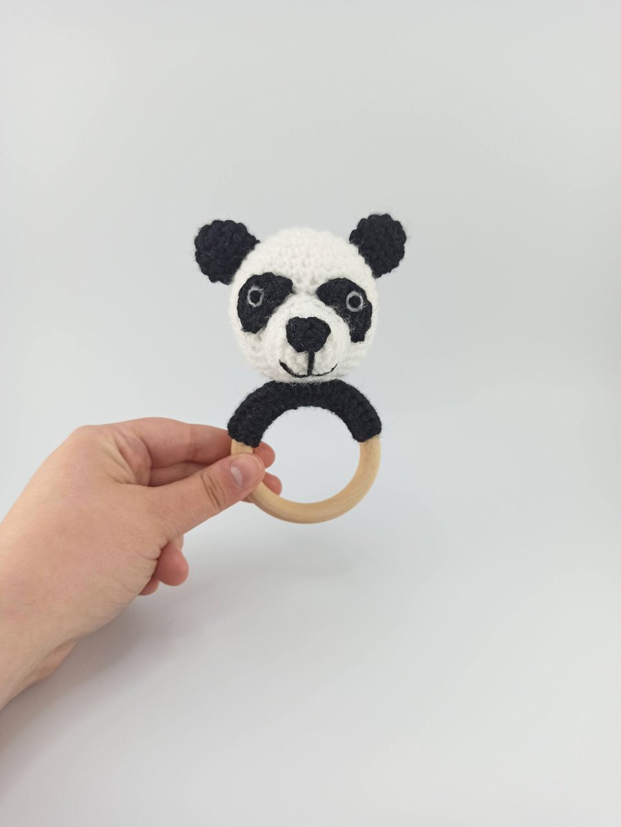 Crochet Panda Teether: Wooden Rattle Ring, Newborn Gift