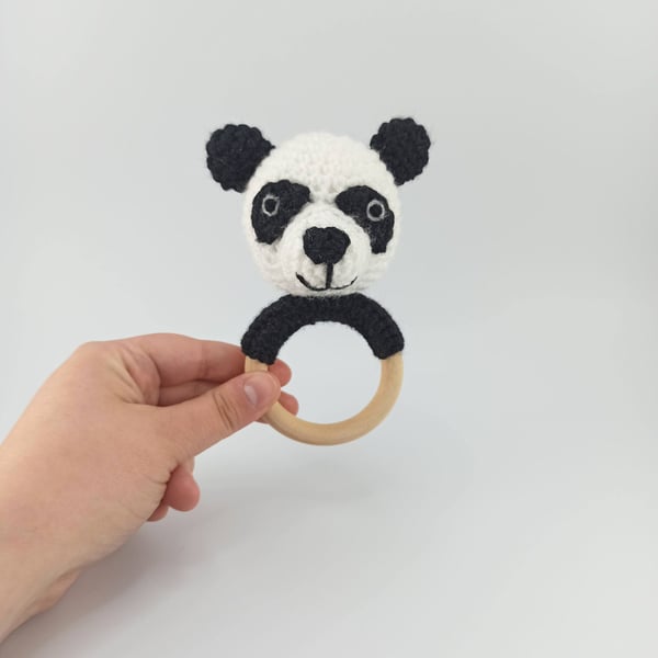 Crochet Panda Teether: Wooden Rattle Ring, Newborn Gift