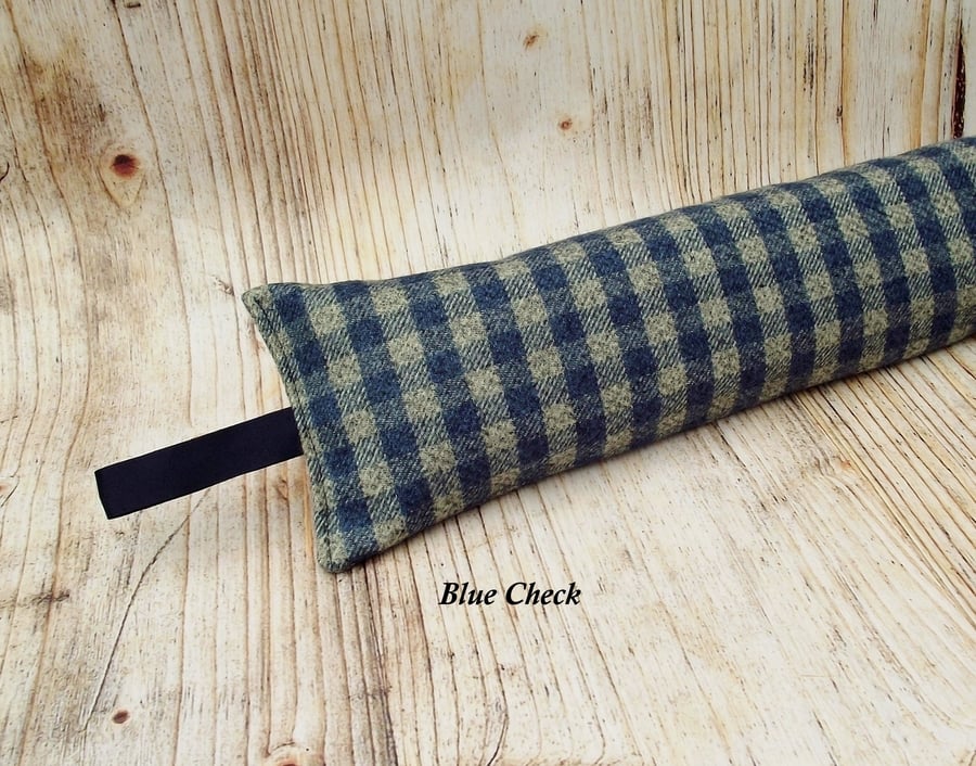 Draught Excluder 1.9kg Blue brushed cotton check fabric heavy weight 
