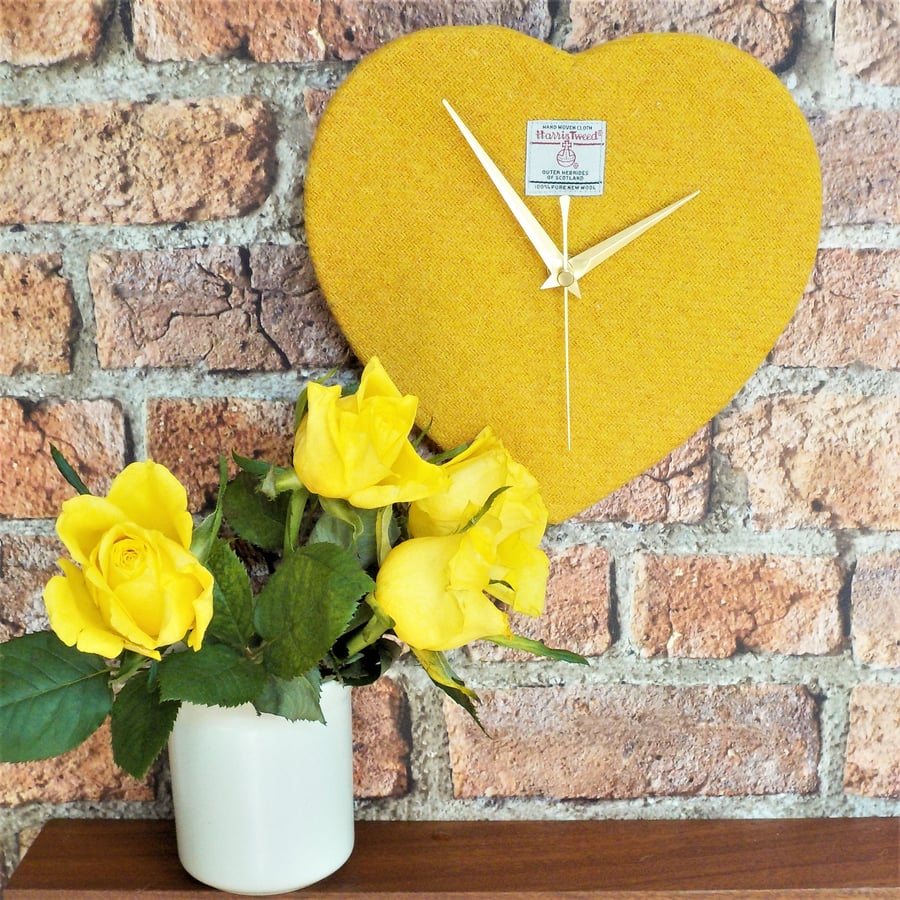 Harris tweed heart shaped clock yellow wedding gift golden anniversary