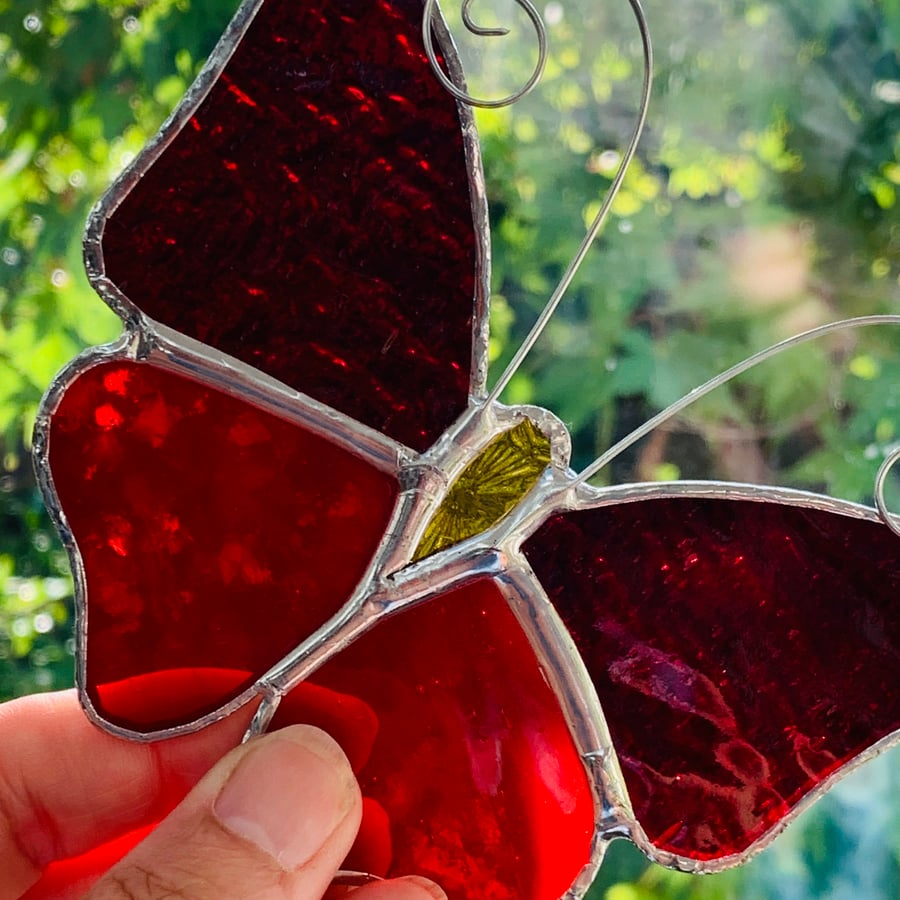 Stained Glass Butterfly Suncatcher - Handmade Decoration - Red