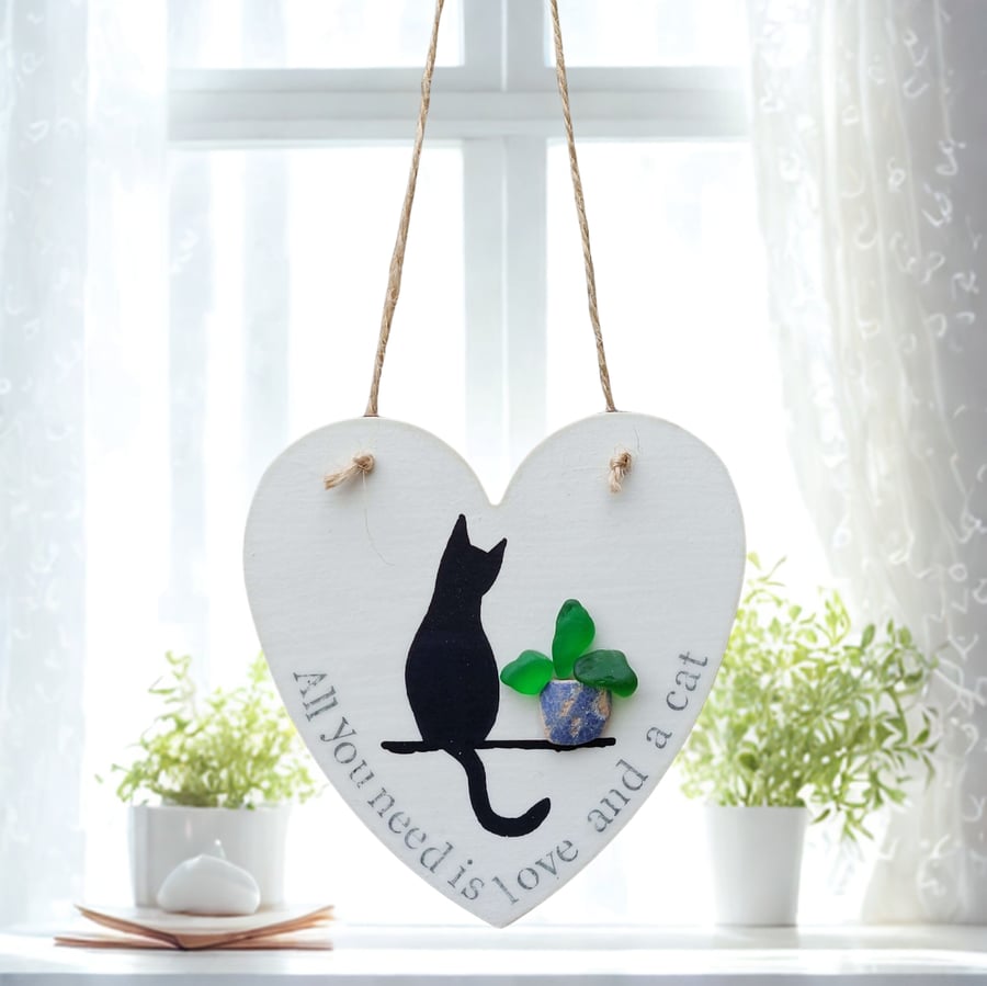 Sea Glass Cat Decoration, Beach Glass Hanging Heart Ornament Gift for Cat Lovers
