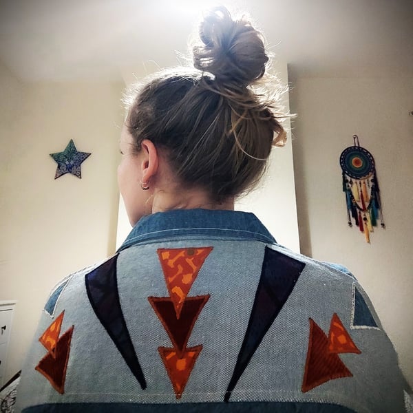 Oversize Denim Jacket with Geometric Applique Yoke and Pockets