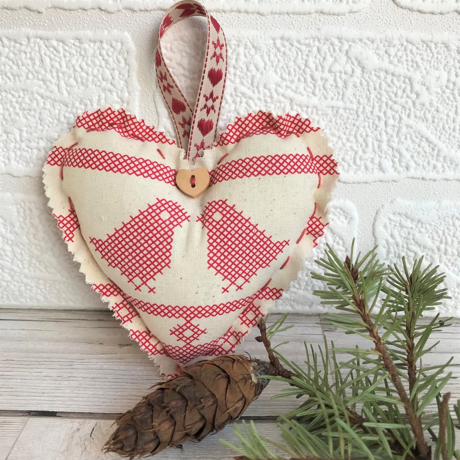SALE, Scandi Christmas decoration, hanging heart in cream with red birds