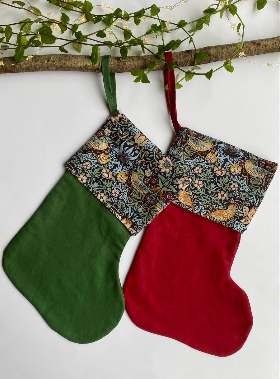 Linen William Morris Christmas Stocking. Large Traditional Handmade Stocking 