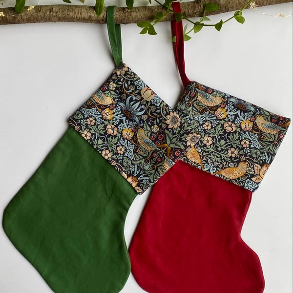 Linen William Morris Christmas Stocking. Large Traditional Handmade Stocking 
