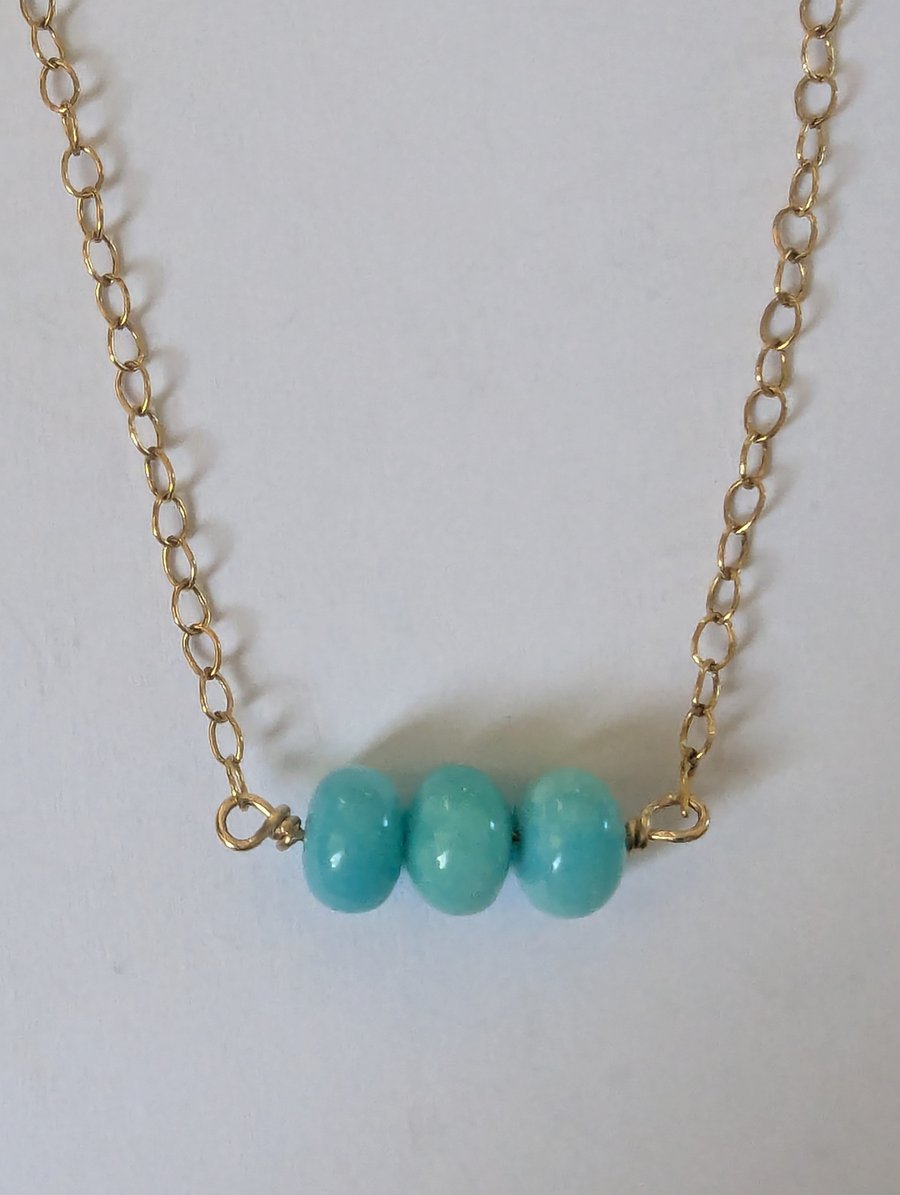 Peruvian Amazonite Beaded Bar Necklace, 14K Gold
